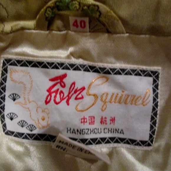 Vintage SOLZ SQUIRREL Chinese Golden Satin Brocade Dress Gown Robe Frog Buttons - Picture 5 of 10
